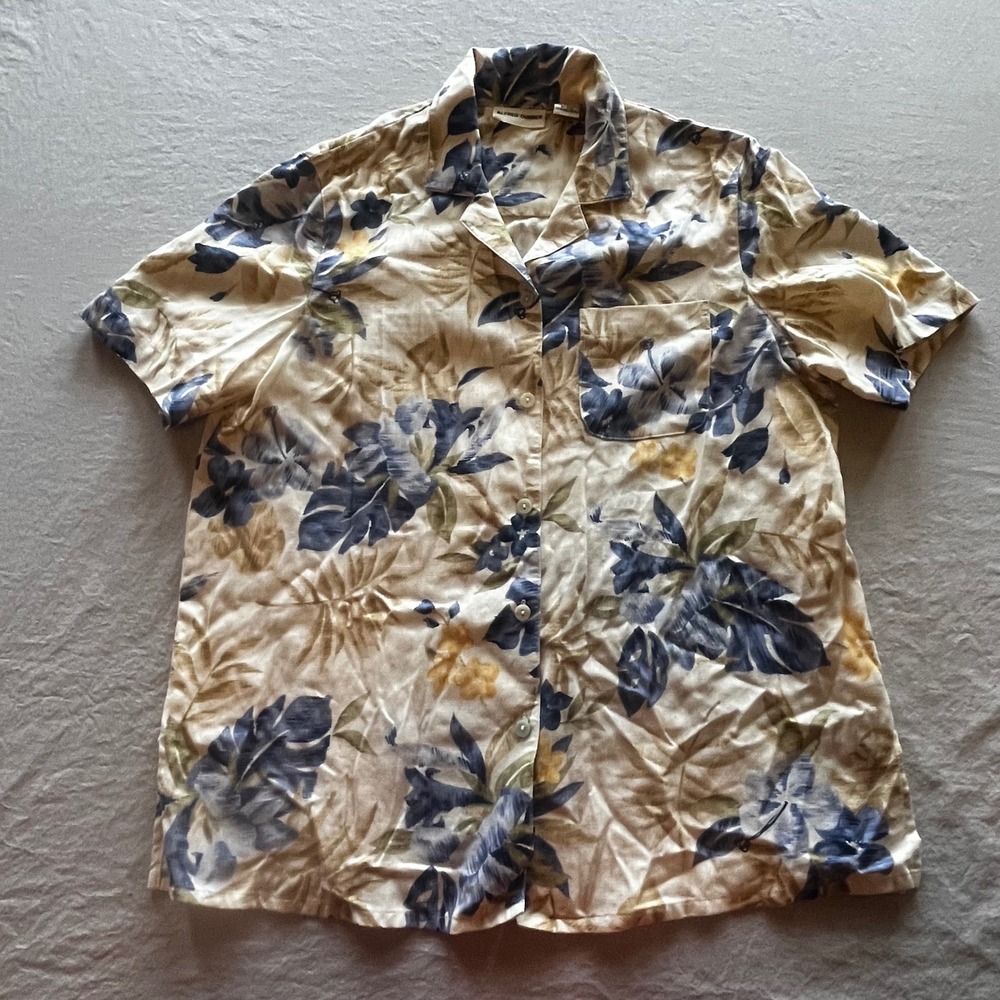 Alfred Dunner Womens 14 Tropical Linen Blend Floral Button Up Shirt Blue Tan